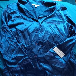 NWT Morgan TAYLOR intimates Blue Satin Button-Up Pajama Top 2xl Indigo Blue